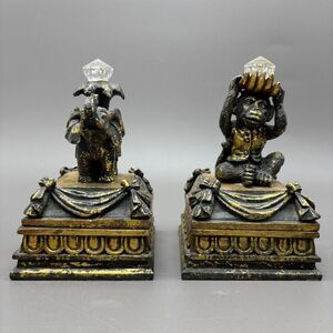 Vintage Elephant Monkey Trinket Boxes British Colonial Resin Gilded Velvet Lined